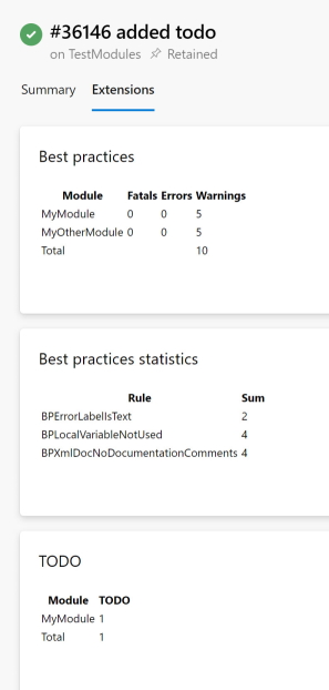 Build summary sample screenshot